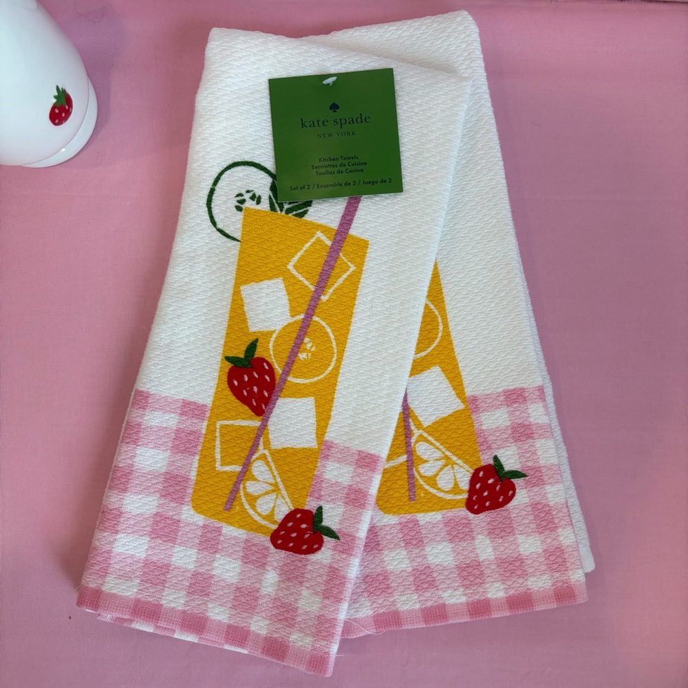 Kate Spade White and Pink Kitchen Towels with Yellow and Red Accents